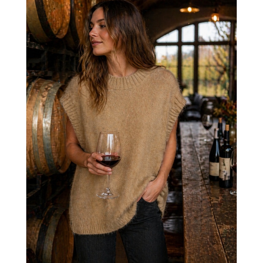 Molly Bracken Womens Fuzzy Knit Sweater Vest Tan Camel Mock Neck Oversized XS/S